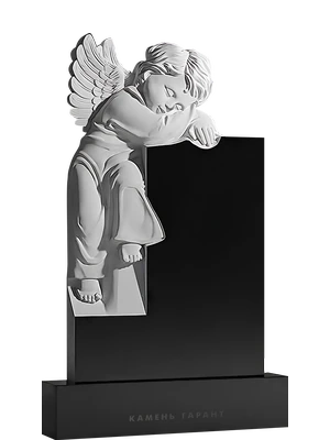 Памятник с объемным барельефом скорбящего ангела на черном граните