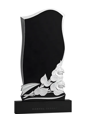 Памятник из черного гранита с розами у основания