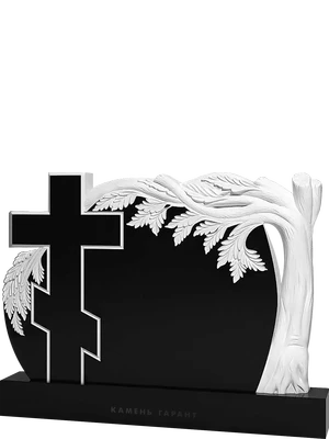 Памятник с барельефом дуба и православным крестом на черном граните